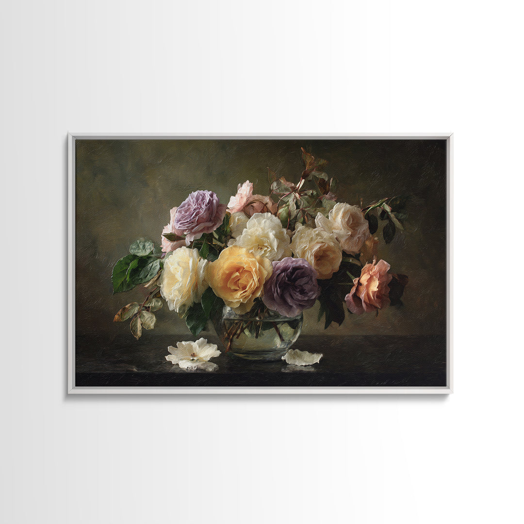 Dark Moody Roses Framed Canvas Print, Floral Art, Art Nouveau Decor, Living Room Decor, Fine Art, Bloom, Floral Decor, FLO-3x2-6