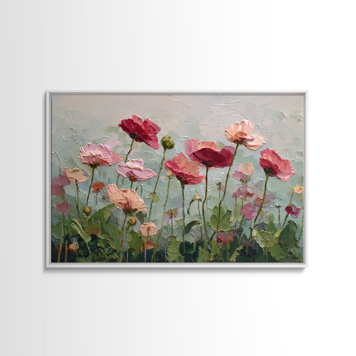Poppy Field with Red Petals and Green Framed Canvas Print, Floral Art, Textured Painting, Living Room Decor, Fine Art, Bloom, FLO-3x2-60