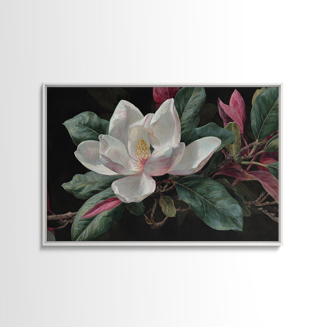 Single White Magnolia on Charcoal Ground Framed Canvas Print, Floral Art, Home Decor, Living Room Decor, Fine Art, Bloom, FLO-3x2-80