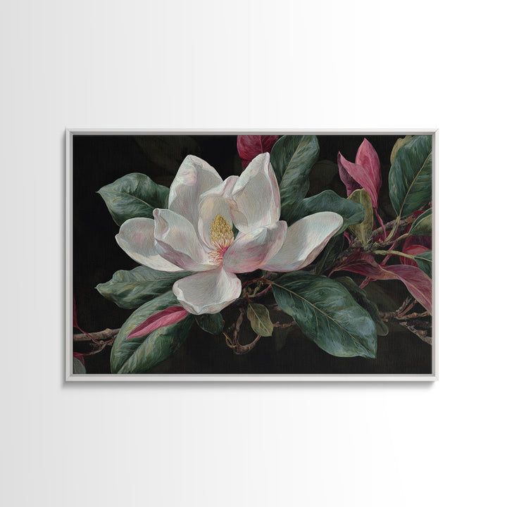 Single White Magnolia on Charcoal Ground Framed Canvas Print, Floral Art, Home Decor, Living Room Decor, Fine Art, Bloom, FLO-3x2-80