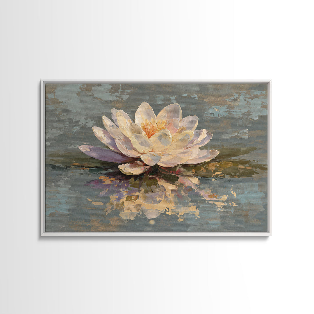 Lotus Blossom Floating on Still Water Framed Canvas Print, Floral Art, Art Nouveau Locket, Living Room Decor, Fine Art, Bloom, FLO-3x2-90