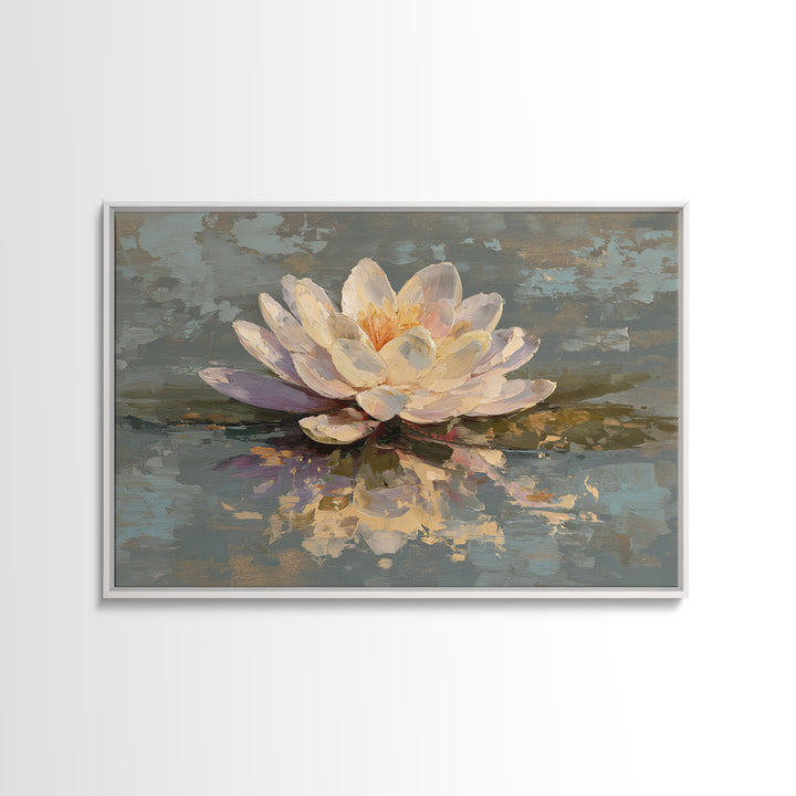 Lotus Blossom Floating on Still Water Framed Canvas Print, Floral Art, Art Nouveau Locket, Living Room Decor, Fine Art, Bloom, FLO-3x2-90