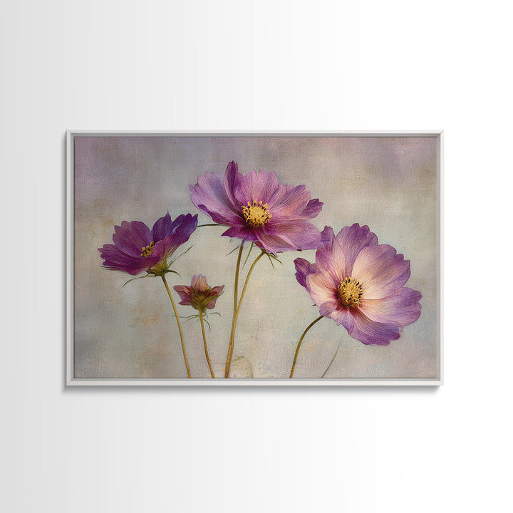 Cosmos Flowers Swaying Framed Canvas Print, Floral Art, Dark Academia Decor, Living Room Decor, Bloom, Printable Artwork, FLO-3x2-99
