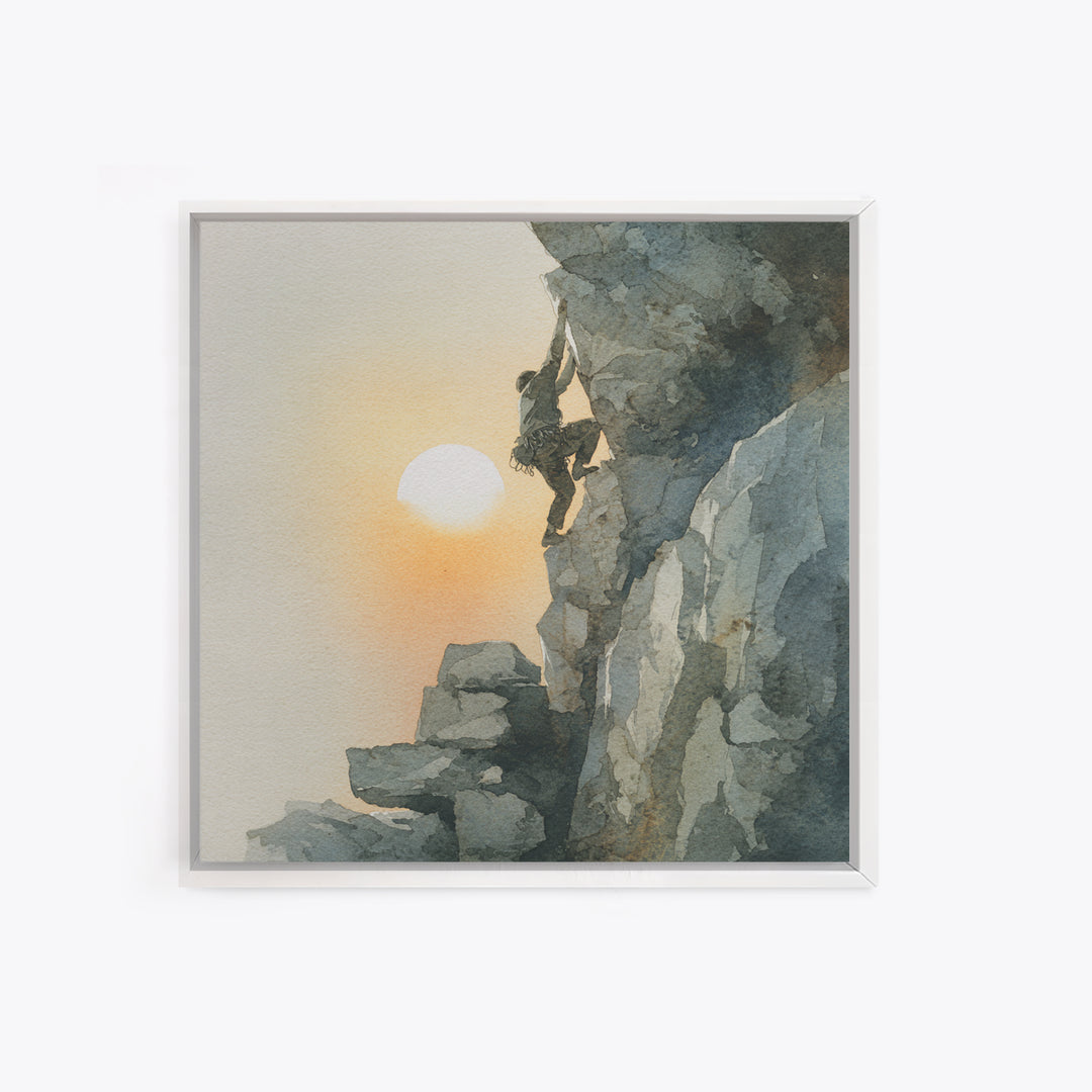 Rock Climber Reaching Toward Warm Light Framed Canvas Print, Fitness Studio Art, Dance Studio Decor, Gym Decor, Motion, FSA-1x1-63