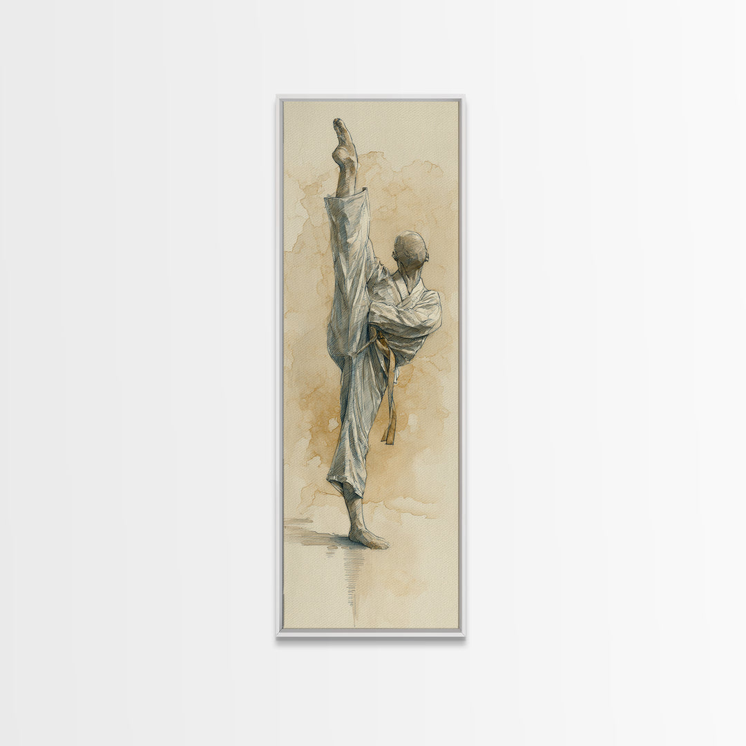 Martial Artist Pose Framed Canvas Print, Fitness Studio Art, Motivational Canvas, Gym Decor, Watercolor Art, Motion, FSA-1x3-31