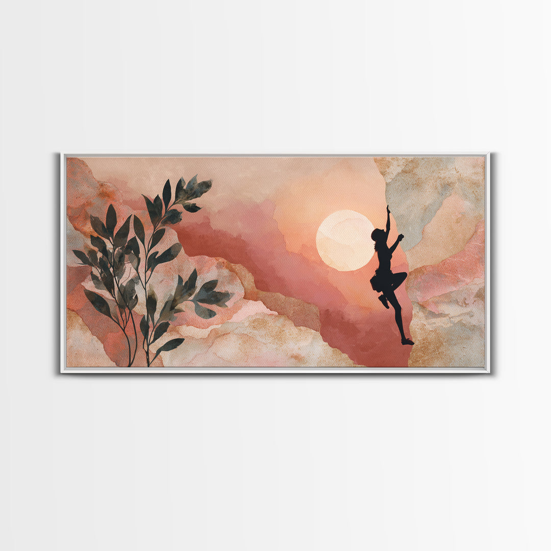 Rock Climber Reaching Toward Warm Light Framed Canvas Print, Fitness Studio Art, Boho Decor, Gym Decor, Oil Painting, Motion, FSA-2x1-35