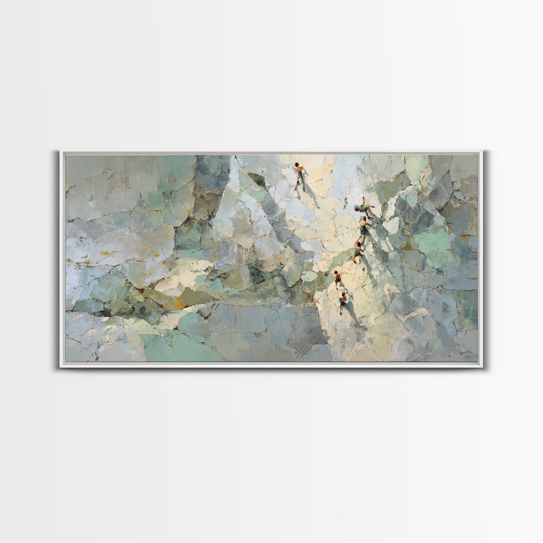 Rock Climber Reaching Toward Warm Light Framed Canvas Print, Fitness Studio Art, Boho Decor, Gym Decor, Fine Art, Motion, FSA-2x1-83