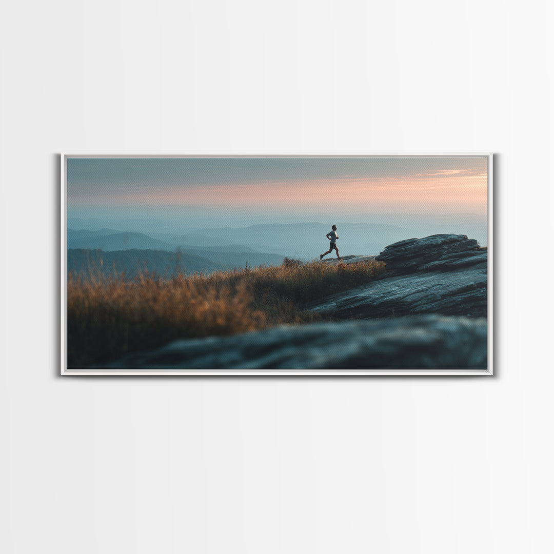 Mountain Trail Runner Framed Canvas Print, Fitness Studio Art, Minimalist Art Print, Gym Decor, Fine Art, Motion, Home Decor, FSA-2x1-96