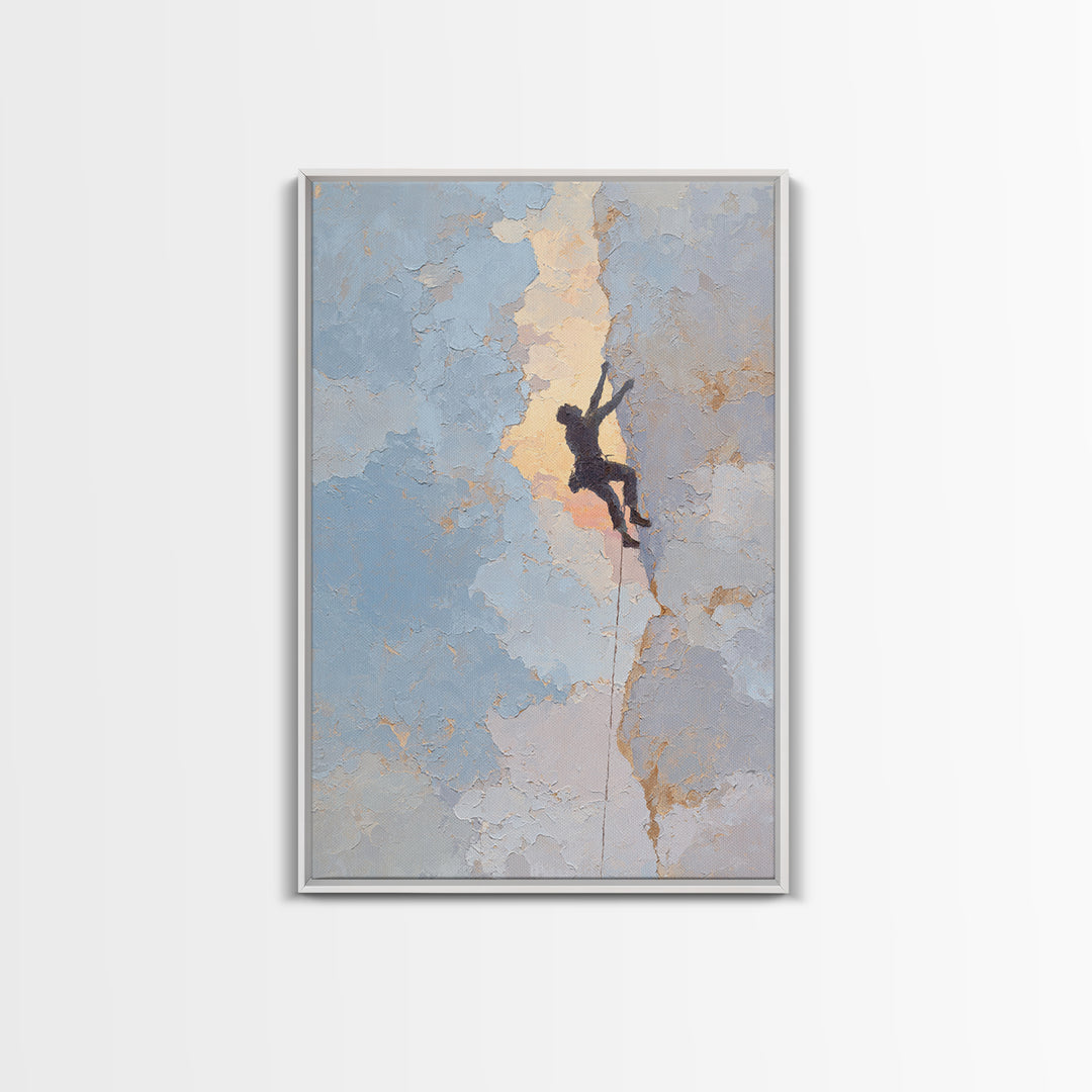 Rock Climber Reaching Toward Warm Light Framed Canvas Print, Fitness Studio Art, Physical Therapy Art, Gym Decor, Abstract Art, FSA-2x3-47