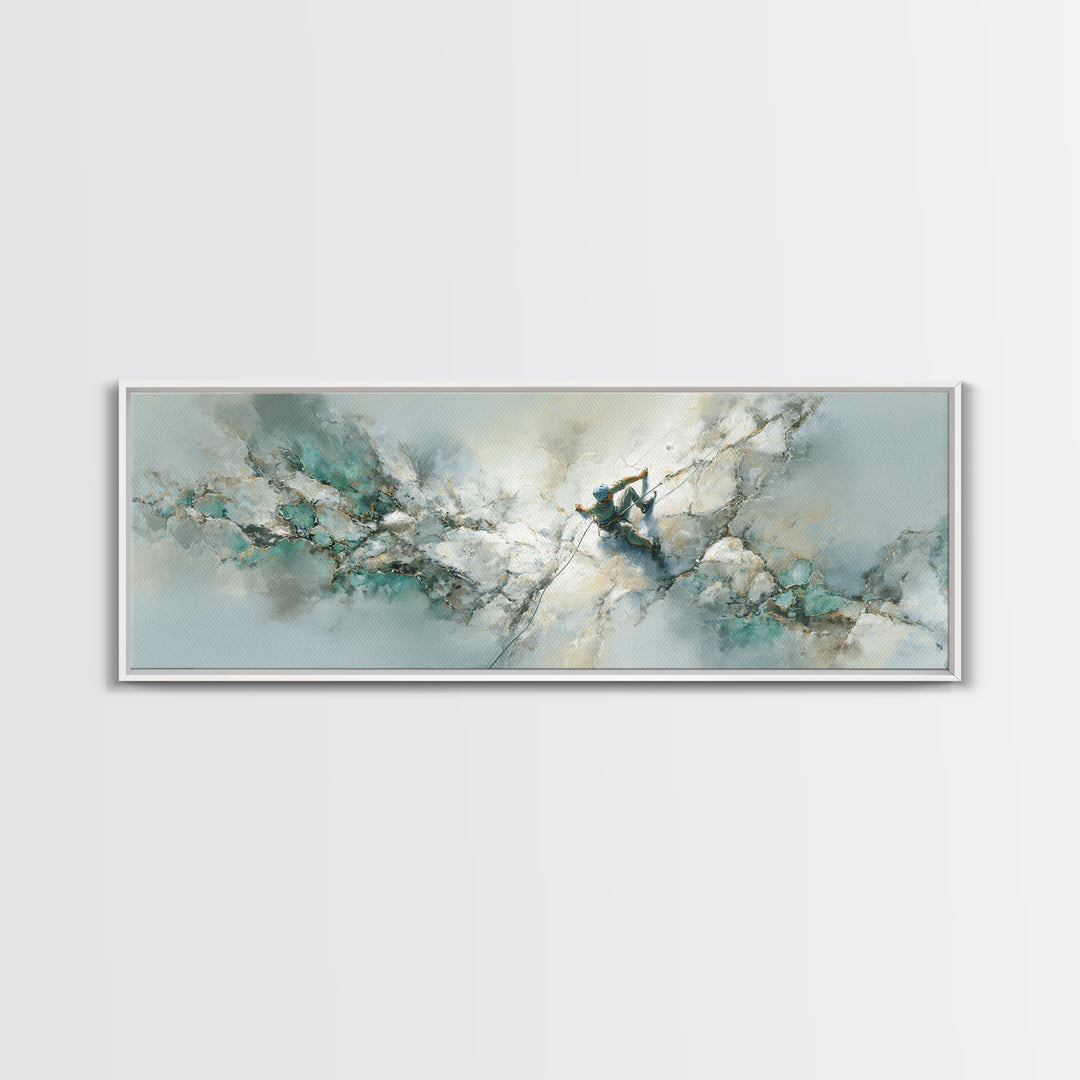 Rock Climber Reaching Toward Warm Light Framed Canvas Print, Fitness Studio Art, Boho Decor, Gym Decor, Fine Art, Motion, FSA-3x1-55