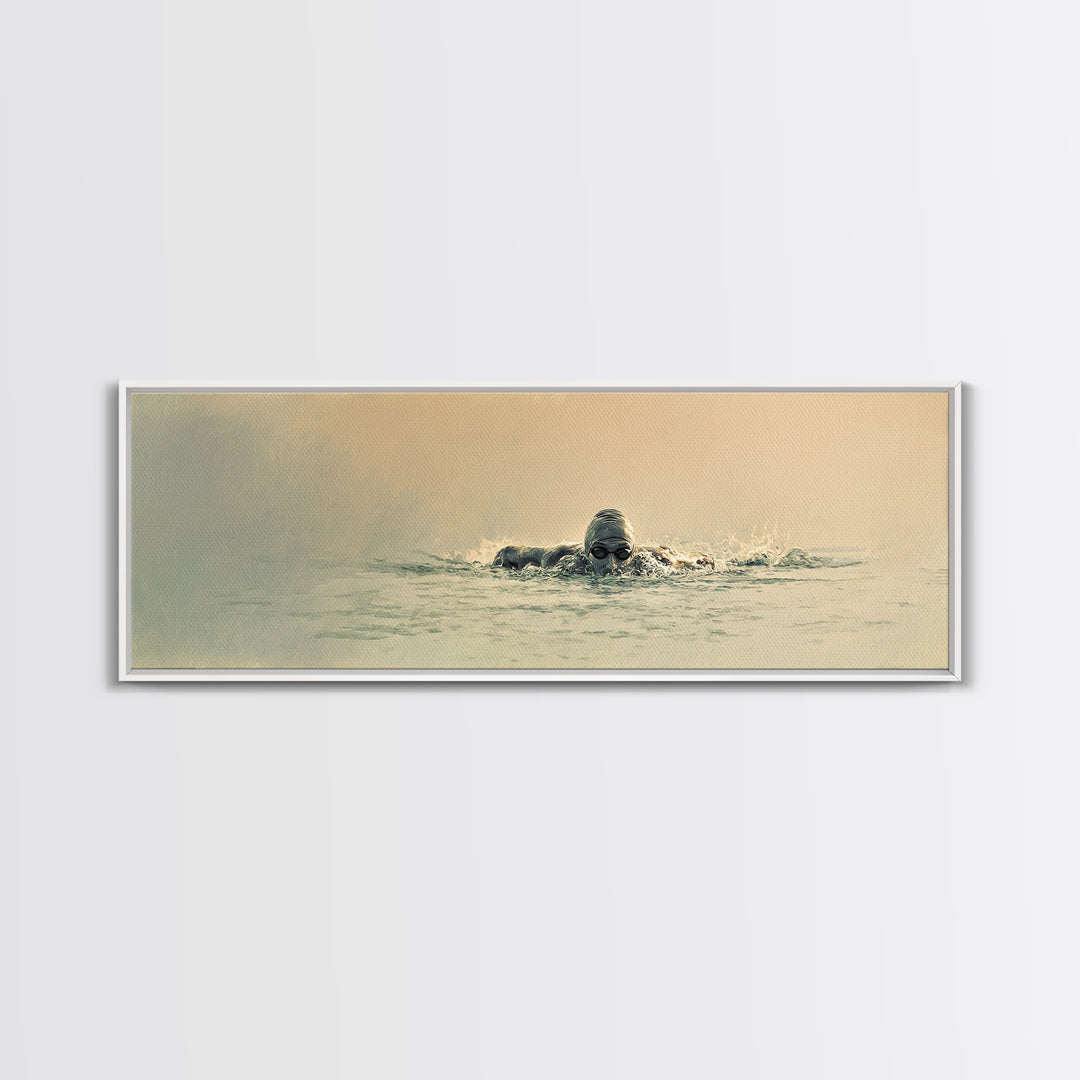 Swimmer Emerging Through Water Texture Framed Canvas Print, Fitness Studio Art, Large Wall Art, Gym Decor, Fine Art, Motion, FSA-3x1-82