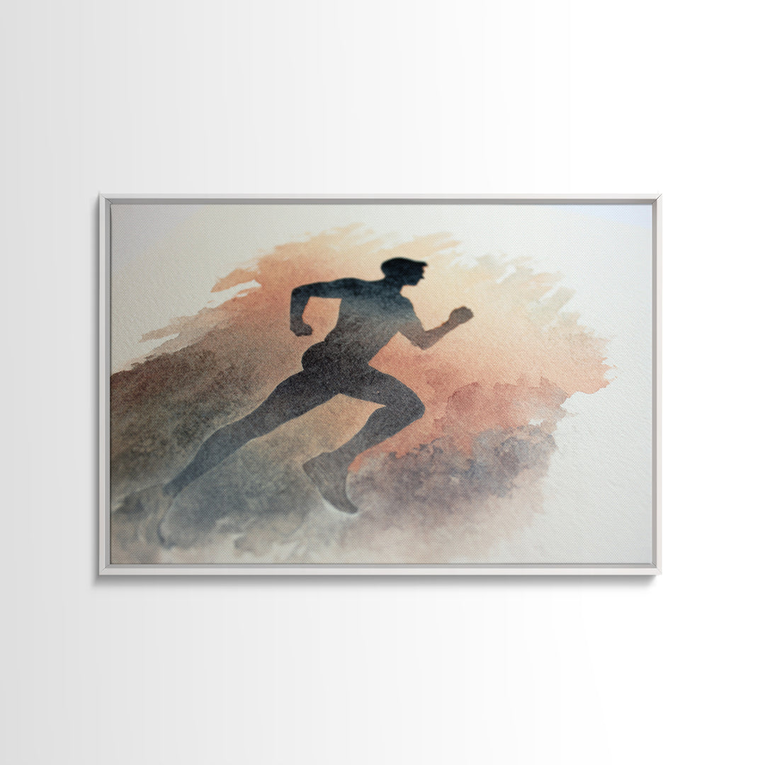 Runner Silhouette Breaking Through Morning Mist Framed Canvas Print, Fitness Studio Art, Abstract Art, Gym Decor, Motion, FSA-3x2-5