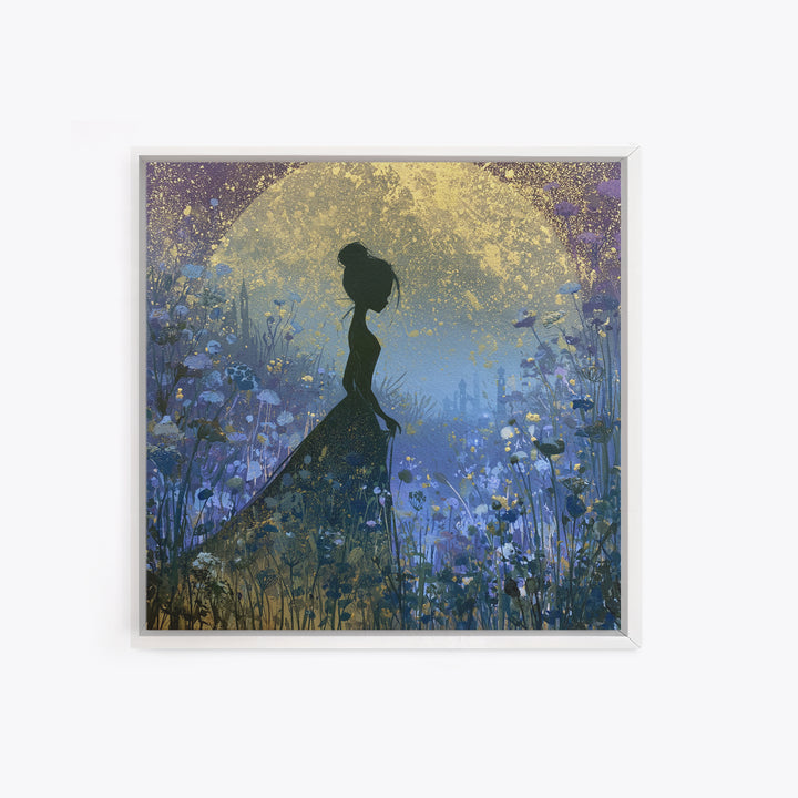 Princess Silhouette with Moonlit Garden Flowers Canvas Print, Fairy Tale Art, Art Nouveau Print, Living Room Decor, Storybook, FTA-1x1-100
