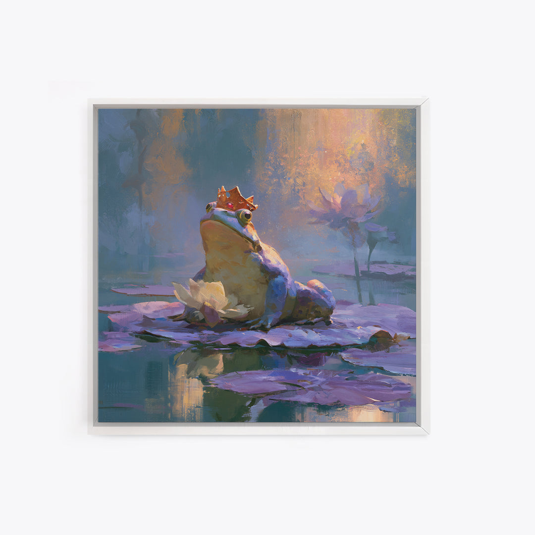 Frog Prince on a Lily Pad Framed Canvas Print, Fairy Tale Art, Whimsical Decor, Living Room Decor, Fine Art, Storybook, FTA-1x1-11