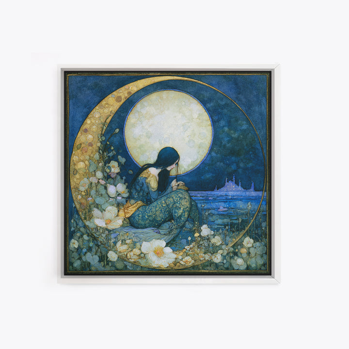 Mermaid Combing Hair Beneath a Pearl Moon Framed Canvas Print, Fairy Tale Art, Painting, Living Room Decor, Fine Art, Storybook, FTA-1x1-12