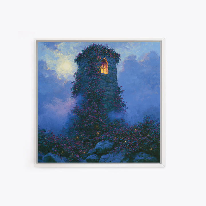 Rose Covered Tower Canvas Print, Fairy Tale Art, Folk Art, Living Room Decor, Fine Art, Storybook, Modern Decor, Fine Art Print, FTA-1x1-18
