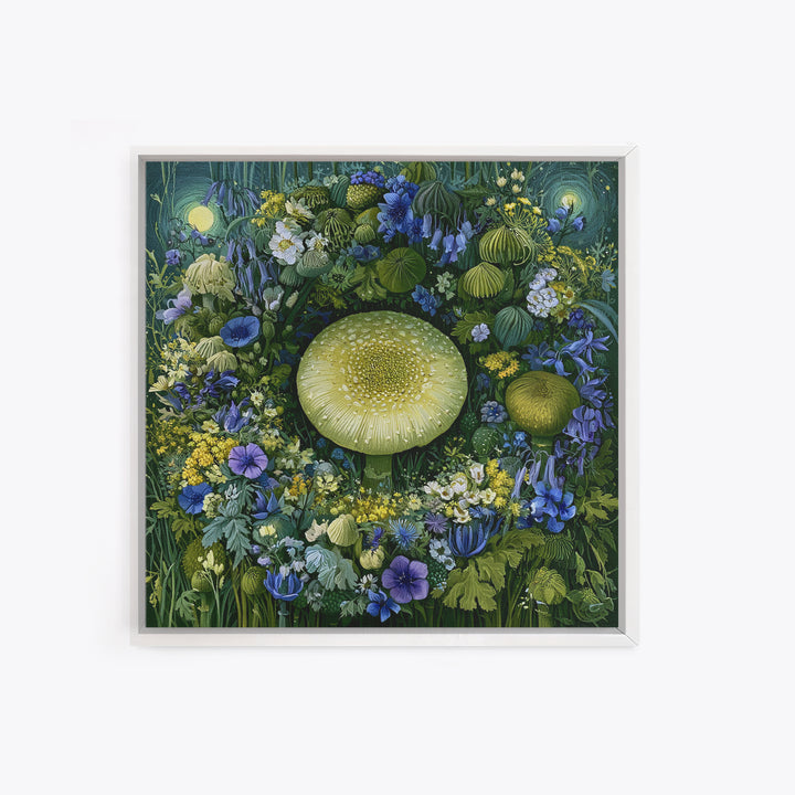 Fairy Ring of Mushrooms and Wildflowers Framed Canvas Print, Fairy Tale Art, Neutral Decor, Living Room Decor, Oil Painting, FTA-1x1-21