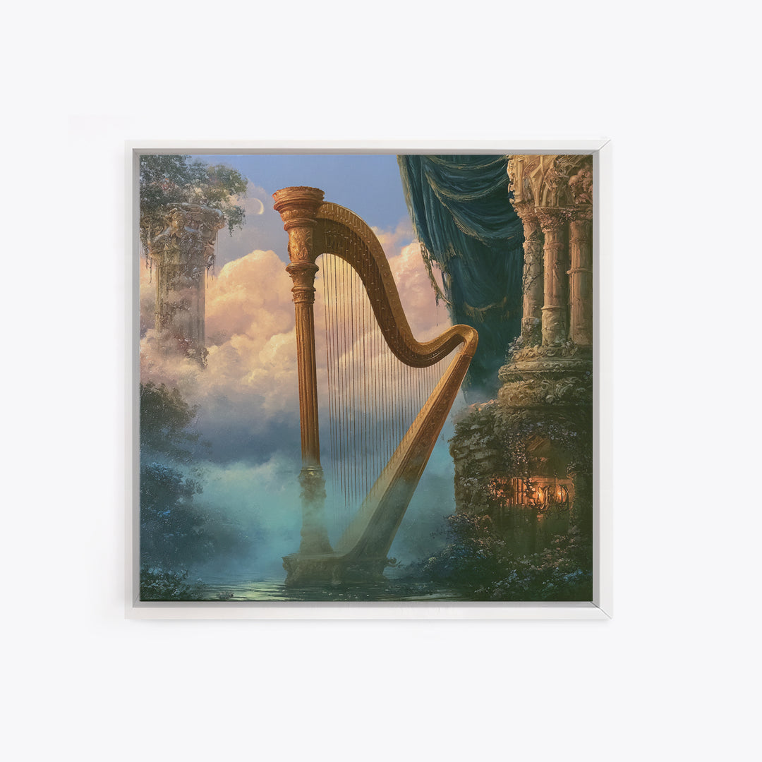 Golden Harp in a Cloud Kingdom Canvas Print, Fairy Tale Art, Princess Wall Art, Living Room Decor, Oil Painting, Storybook, FTA-1x1-22