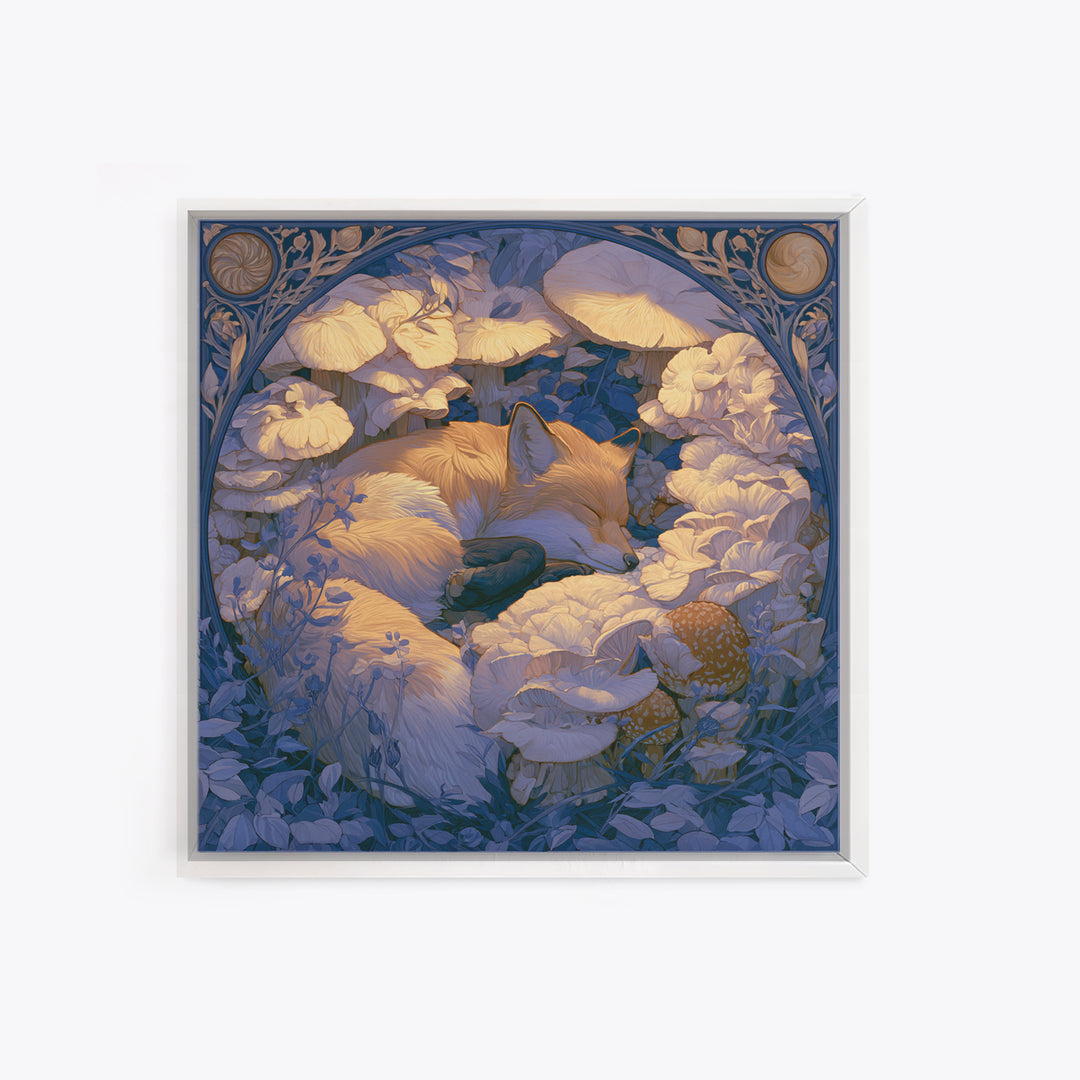 Sleeping Fox Beside a Magical Mushroom Ring Framed Canvas Print, Fairy Tale Art, Nursery Art, Living Room Decor, Storybook, FTA-1x1-27