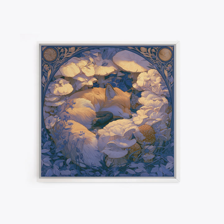 Sleeping Fox Beside a Magical Mushroom Ring Framed Canvas Print, Fairy Tale Art, Nursery Art, Living Room Decor, Storybook, FTA-1x1-27