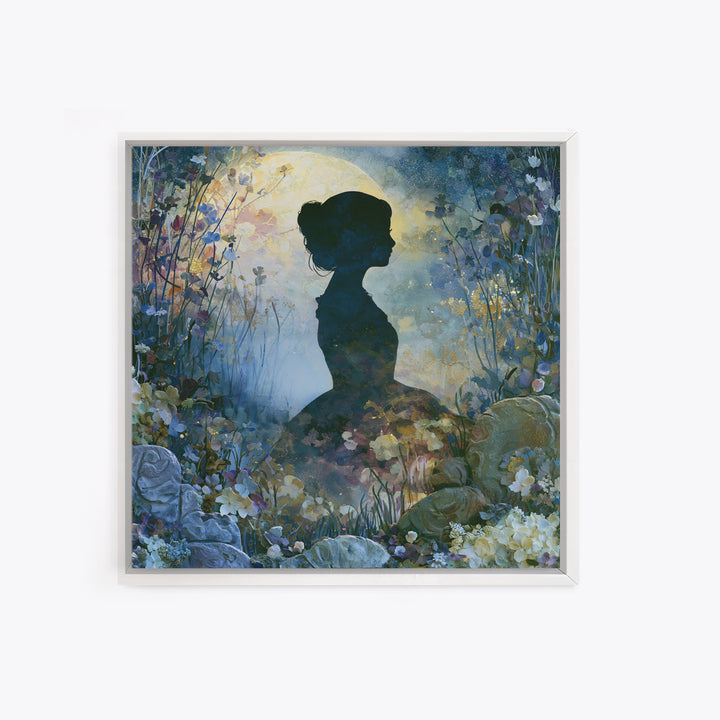 Princess Silhouette with Moonlit Garden Flowers Framed Canvas Print, Fairy Tale Art, Art Deco, Living Room Decor, Storybook, FTA-1x1-28