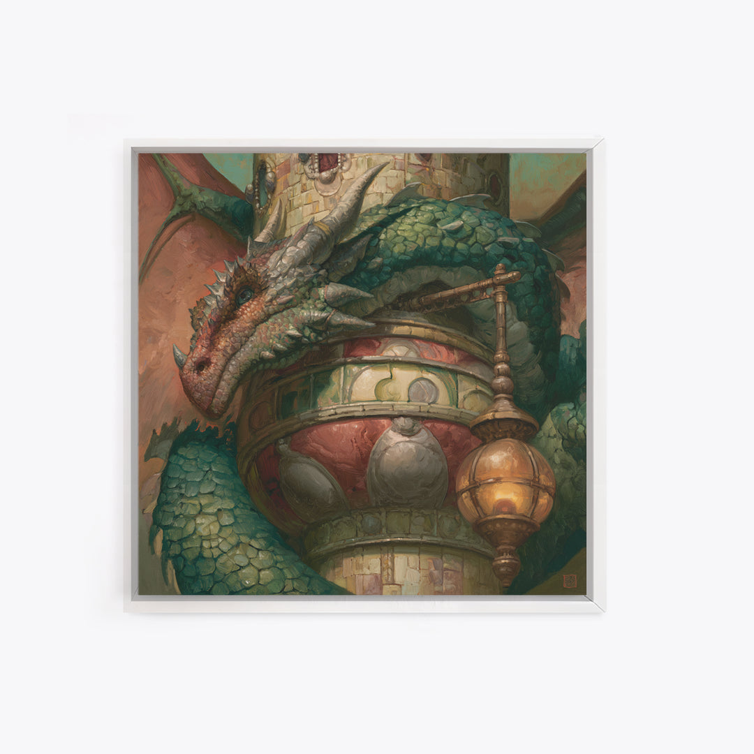 Dragon Curled Around a Jeweled Tower Framed Canvas Print, Fairy Tale Art, Textured Painting, Living Room Decor, Storybook, FTA-1x1-29