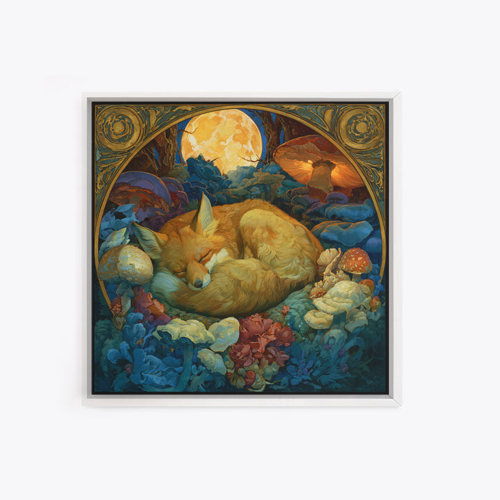 Sleeping Fox Beside a Magical Mushroom Ring Canvas Print, Fairy Tale Art, Abstract Art, Living Room Decor, Storybook, FTA-1x1-3