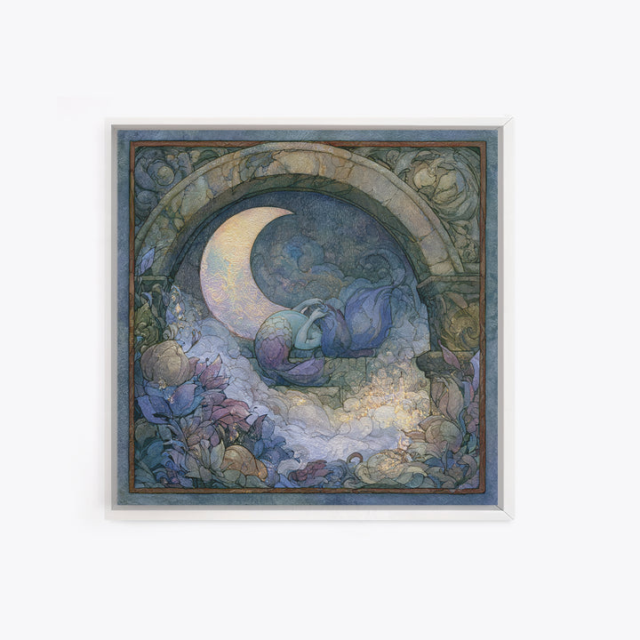 Mermaid Combing Hair Beneath a Pearl Moon Canvas Print, Fairy Tale Art, Nursery Wall Art, Living Room Decor, Watercolor Art, FTA-1x1-36