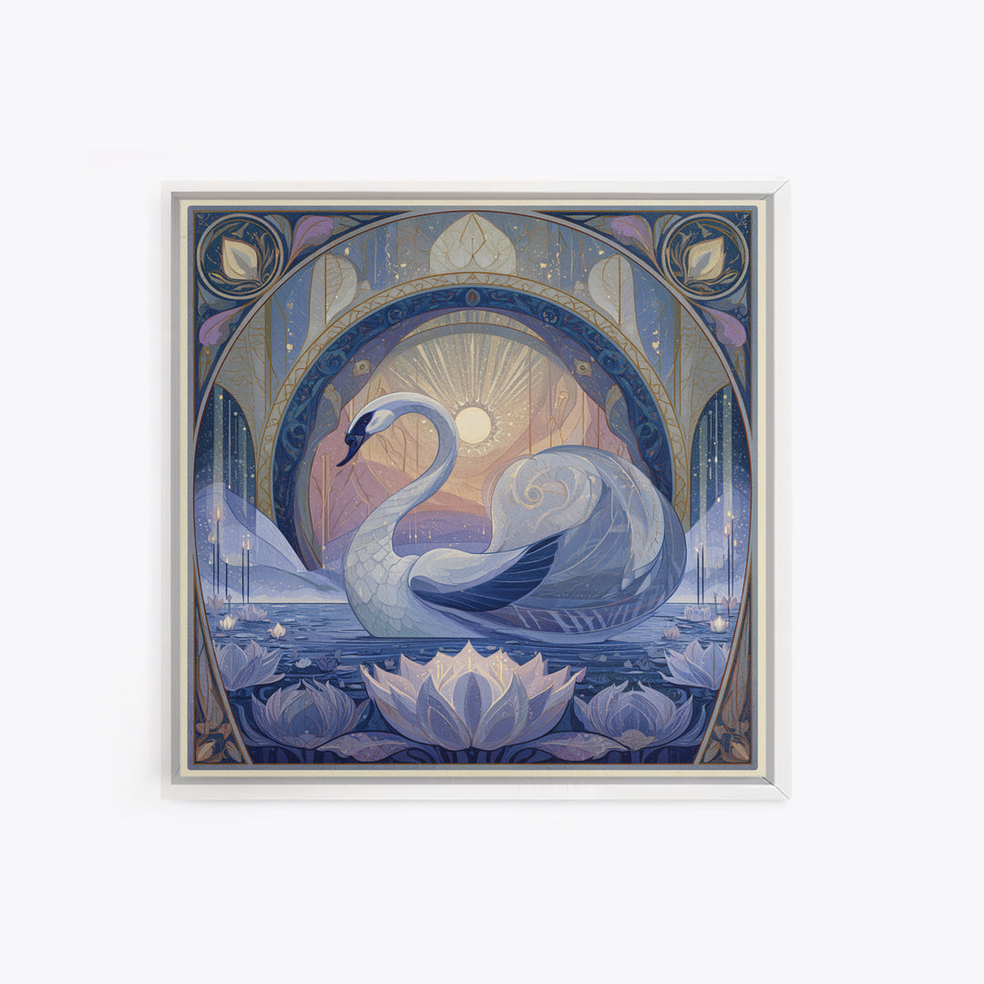 White Swan Transformation Scene Framed Canvas Print, Fairy Tale Art, Folk Art, Living Room Decor, Fine Art, Storybook, FTA-1x1-39