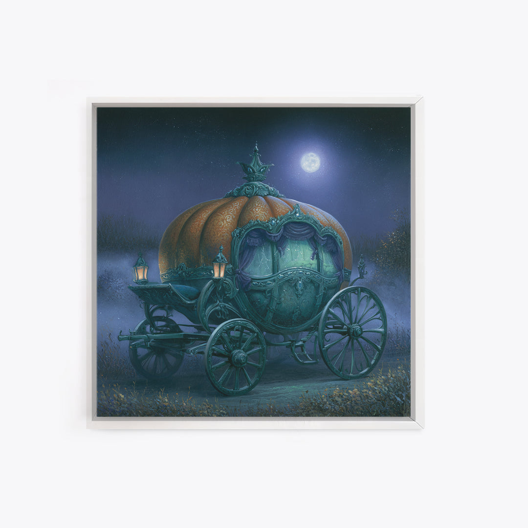Pumpkin Carriage under Midnight Sky Framed Canvas Print, Fairy Tale Art, Room Decor, Living Room Decor, Fine Art, Storybook, FTA-1x1-40
