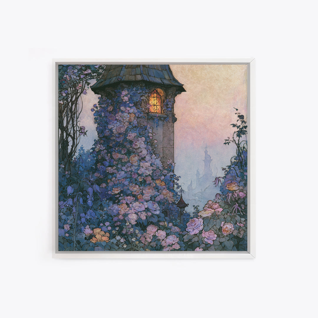Rose Covered Tower Framed Canvas Print, Fairy Tale Art, Kids Room Decor, Living Room Decor, Abstract Art, Storybook, FTA-1x1-42