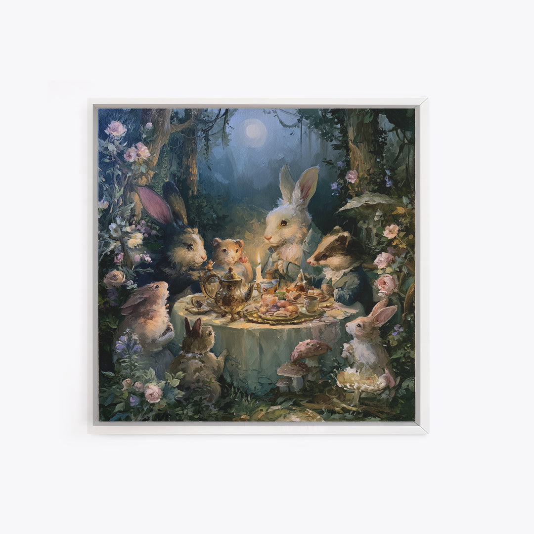 Woodland Tea Party Framed Canvas Print, Fairy Tale Art, Princess Wall Art, Living Room Decor, Oil Painting, Storybook, FTA-1x1-43