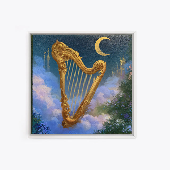 Golden Harp in a Cloud Kingdom Framed Canvas Print, Fairy Tale Art, Mixed Media Art, Living Room Decor, Fine Art, Storybook, FTA-1x1-46
