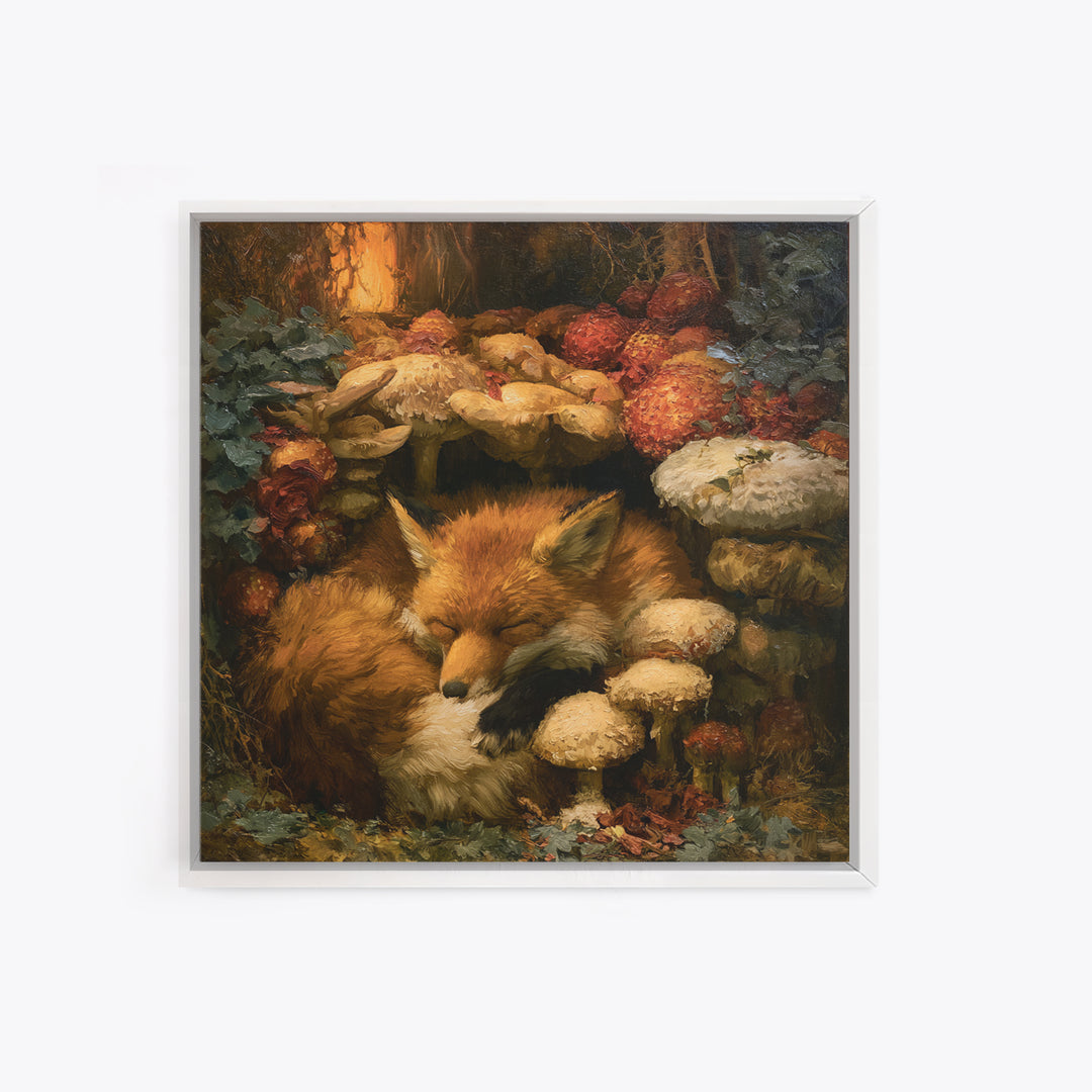 Sleeping Fox Beside a Magical Mushroom Ring Framed Canvas Print, Fairy Tale Art, Fantasy Art, Living Room Decor, Oil Painting, FTA-1x1-51