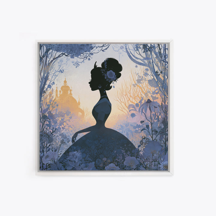 Princess Silhouette with Moonlit Garden Flowers Framed Canvas Print, Fairy Tale Art, Watercolor Art, Living Room Decor, FTA-1x1-52