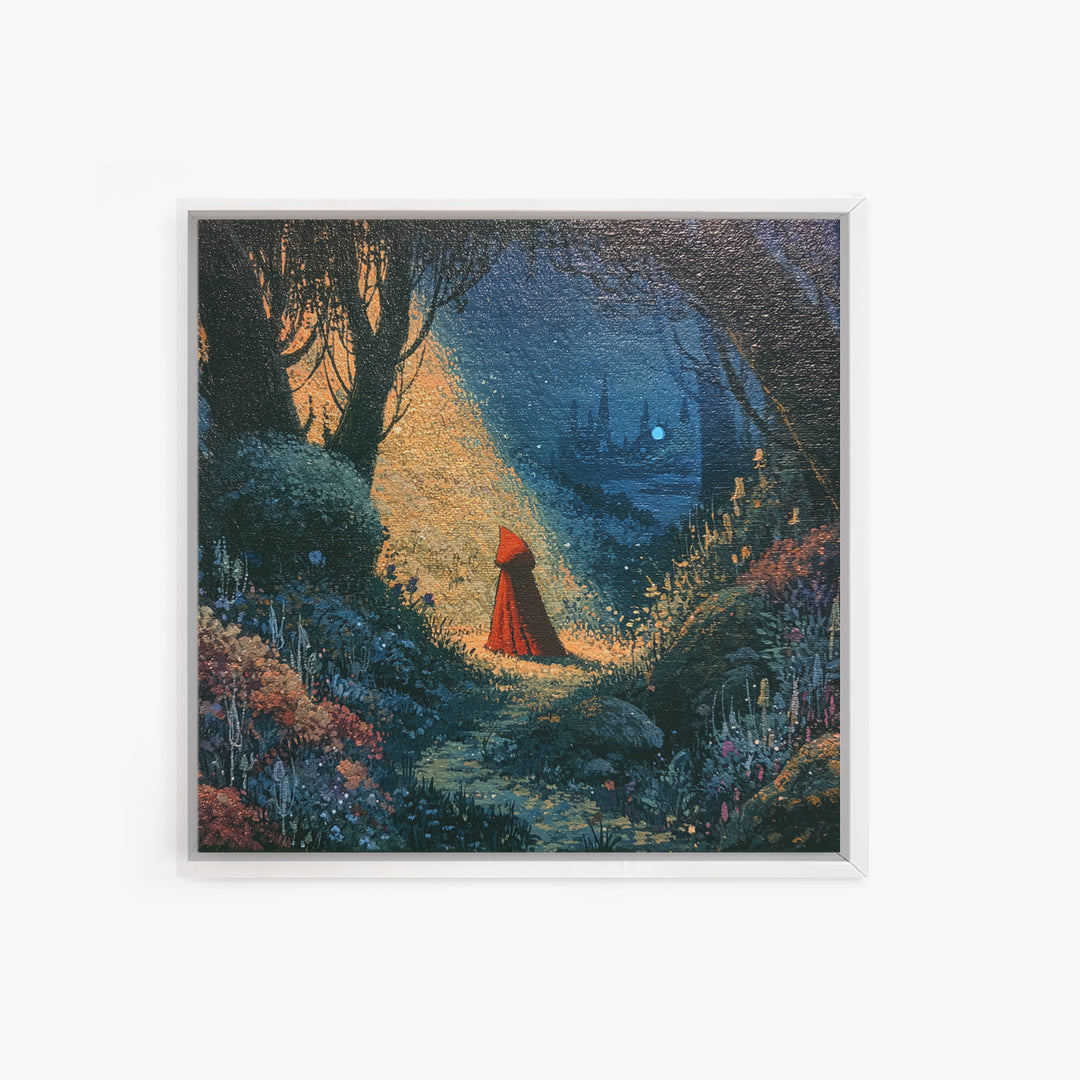 Red Cloak Figure Walking Through Dark Woods Framed Canvas Print, Fairy Tale Art, Canvas Wall Art, Living Room Decor, Storybook, FTA-1x1-56