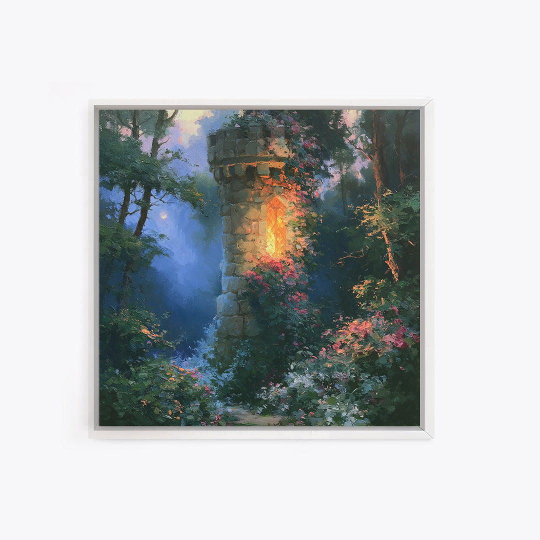 Rose Covered Tower Framed Canvas Print, Fairy Tale Art, Kids Room Decor, Living Room Decor, Abstract Art, Storybook, FTA-1x1-66