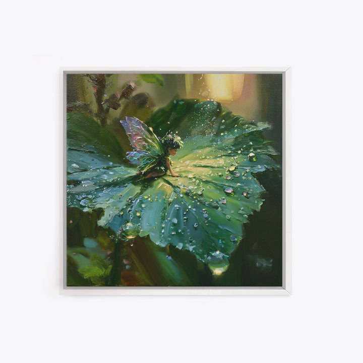 Tiny Fairy Resting on a Dew Covered Framed Canvas Print, Fairy Tale Art, Printable Art, Living Room Decor, Oil Painting, FTA-1x1-7