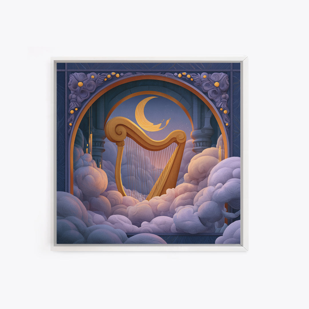 Golden Harp in a Cloud Kingdom Framed Canvas Print, Fairy Tale Art, Mixed Media Art, Living Room Decor, Fine Art, Storybook, FTA-1x1-70