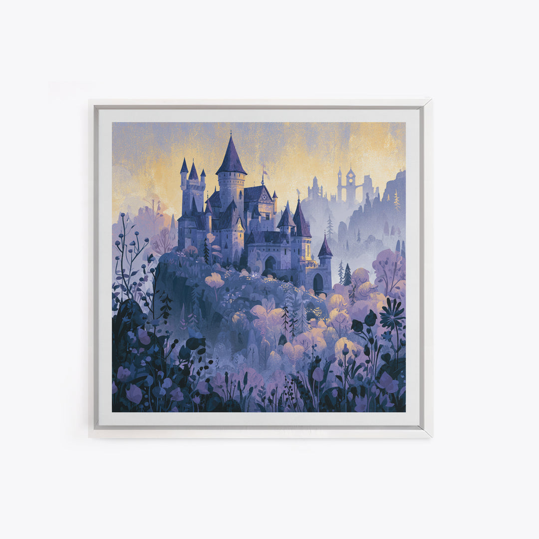 Storybook Castle on a Misty Hill Framed Canvas Print, Fairy Tale Art, Fine Art Print, Living Room Decor, Fine Art, Storybook, FTA-1x1-74