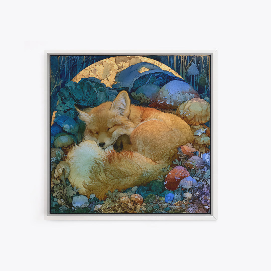 Sleeping Fox Beside a Magical Mushroom Ring Canvas Print, Fairy Tale Art, Statement Artwork, Living Room Decor, Storybook, FTA-1x1-75