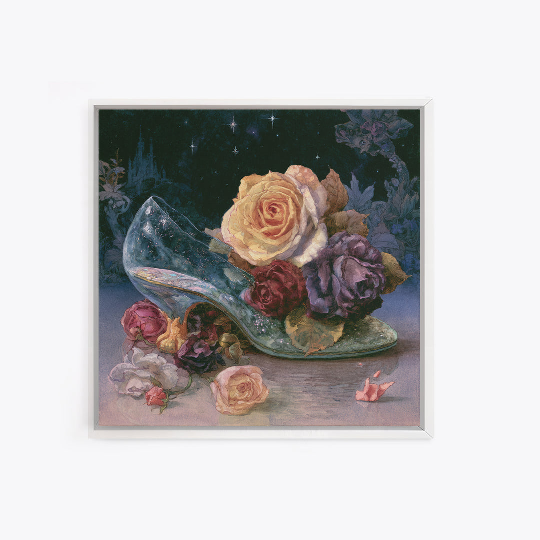 Glass Slipper Still Life Framed Canvas Print, Fairy Tale Art, Statement Artwork, Living Room Decor, Fine Art, Storybook, FTA-1x1-78