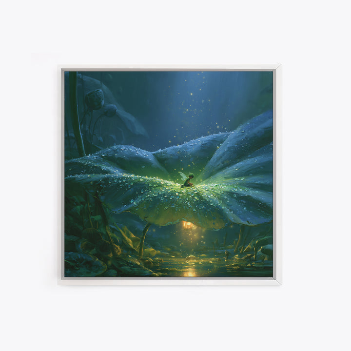 Tiny Fairy Resting on a Dew Covered Framed Canvas Print, Fairy Tale Art, Boho Decor, Living Room Decor, Fine Art, Storybook, FTA-1x1-79