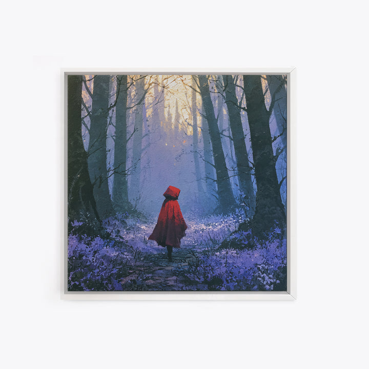 Red Cloak Figure Walking Through Dark Woods Framed Canvas Print, Fairy Tale Art, Original Art, Living Room Decor, Storybook, FTA-1x1-8
