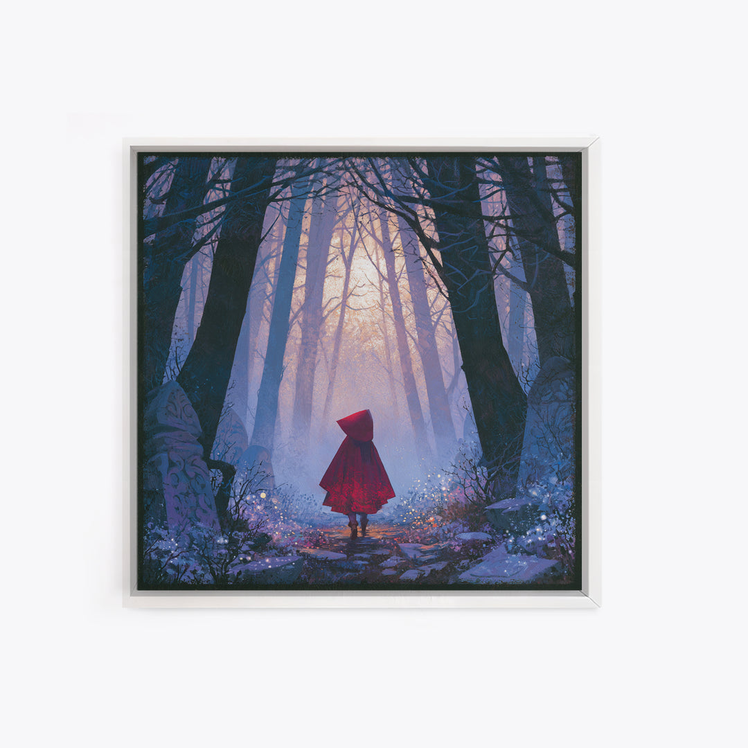 Red Cloak Figure Walking Through Dark Woods Canvas Print, Fairy Tale Art, Fine Art Print, Living Room Decor, Storybook, FTA-1x1-80