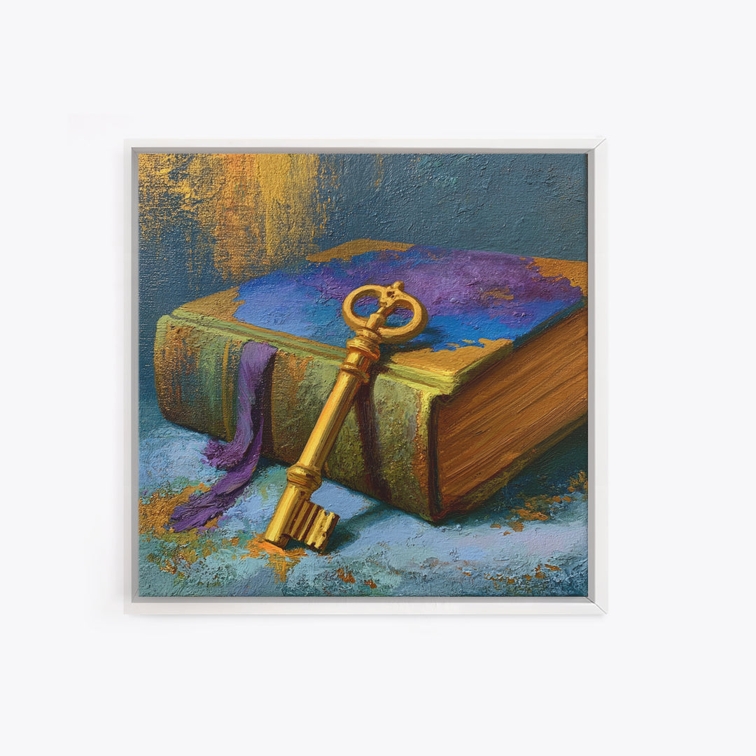 Golden Key and Enchanted Book Still Life Canvas Print, Fairy Tale Art, Painting, Living Room Decor, Fine Art, Storybook, FTA-1x1-81