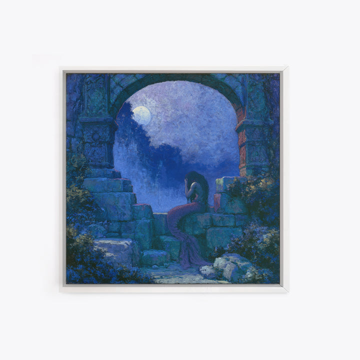 Mermaid Combing Hair Beneath a Pearl Moon Canvas Print, Fairy Tale Art, Kids Room Decor, Living Room Decor, Storybook, FTA-1x1-84