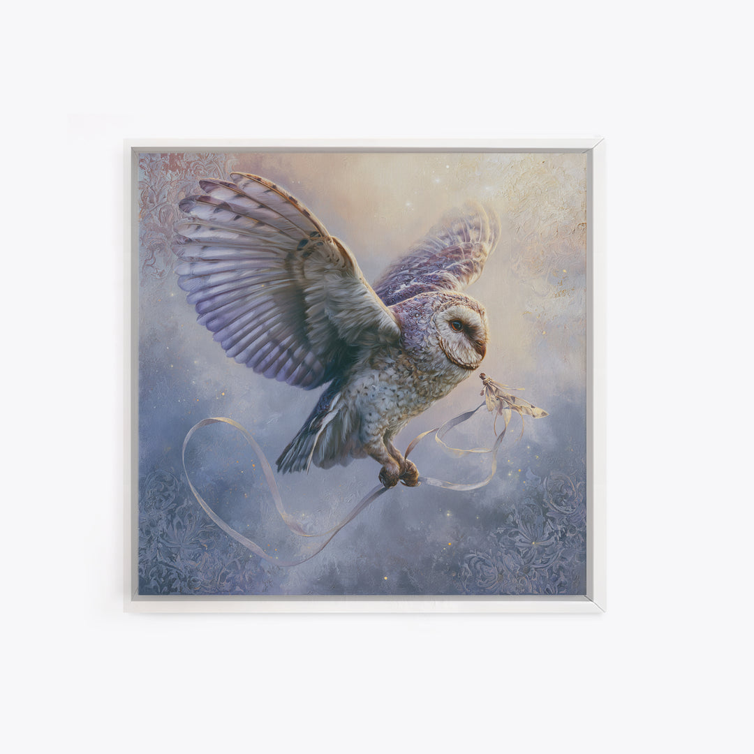 Owl Messenger Carrying a Tiny Ribbon Canvas Print, Fairy Tale Art, Contemporary Art, Living Room Decor, Fine Art, Storybook, FTA-1x1-89