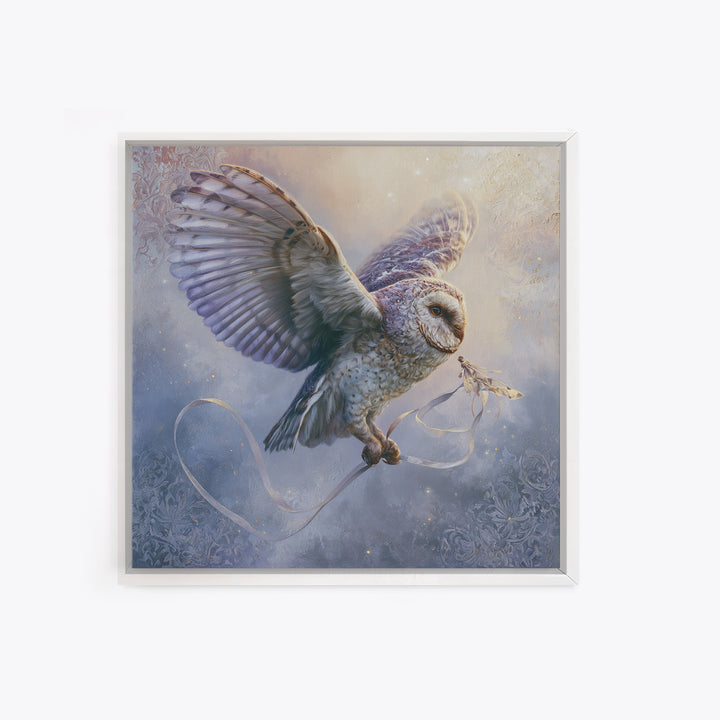 Owl Messenger Carrying a Tiny Ribbon Canvas Print, Fairy Tale Art, Contemporary Art, Living Room Decor, Fine Art, Storybook, FTA-1x1-89