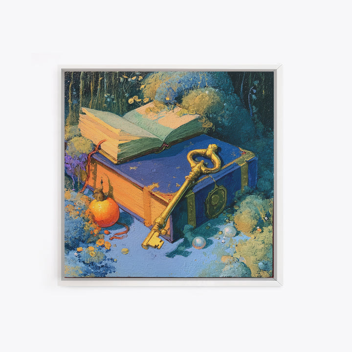 Golden Key and Enchanted Book Still Life Canvas Print, Fairy Tale Art, Statement Artwork, Living Room Decor, Storybook, FTA-1x1-9